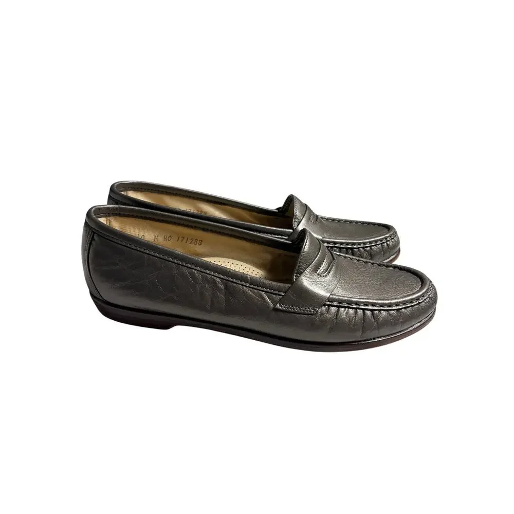 SAS Tripad Penny Loafers Metallic Pewter Silver Leather Slip-On Size 10 Comfort - Picture 2 of 5